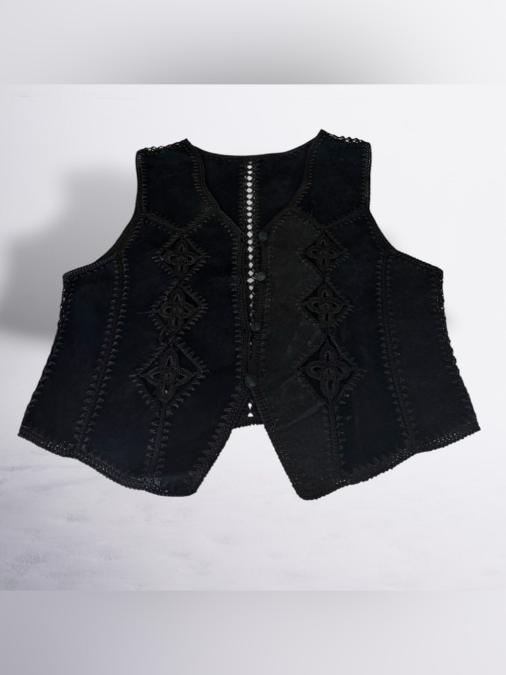 Vintage Black Genuine Leather Suede & Crochet Patchwork Women's Vest - Picture 7 of 7